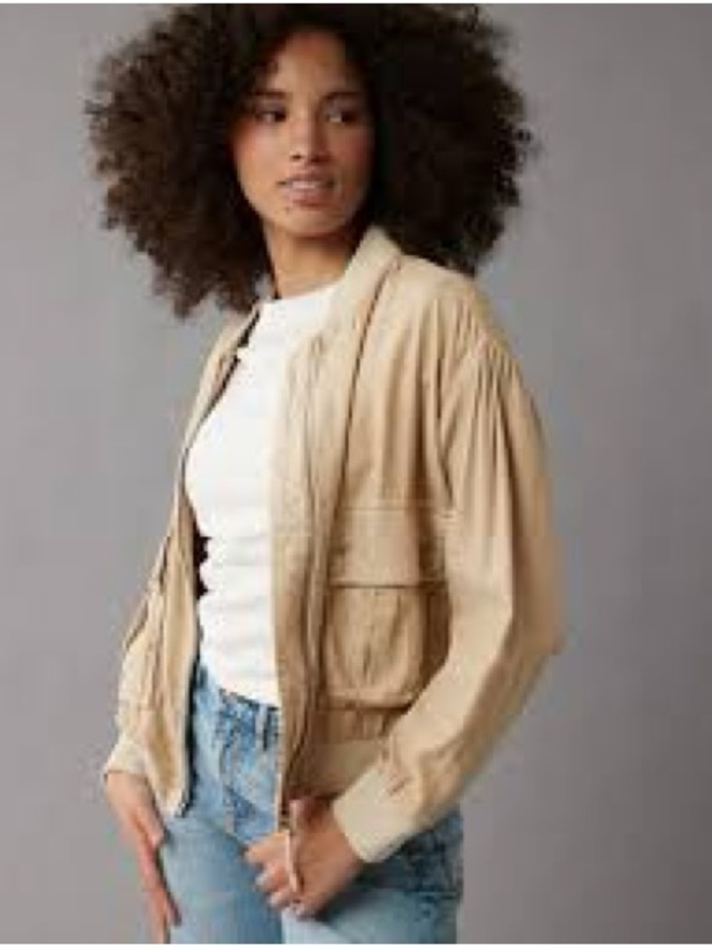 American Eagle Beige Bomber Jacket with Ribbed Collar NWT